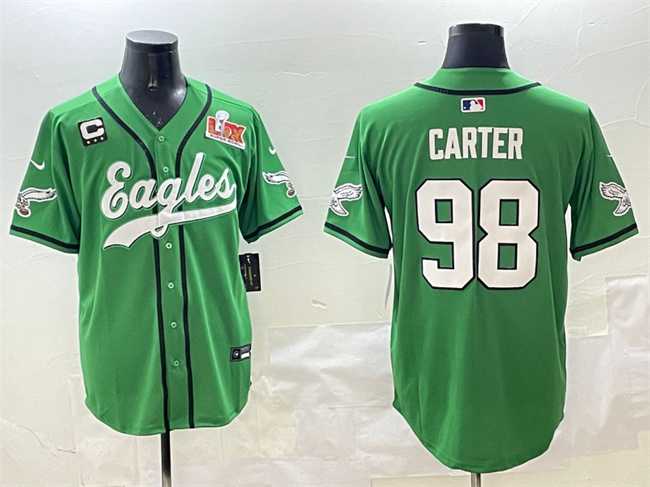 Mens Philadelphia Eagles #98 Jalen Carter Green 2025 Super Bowl LIX And 3-Star C Patch Stitched Baseball Jersey